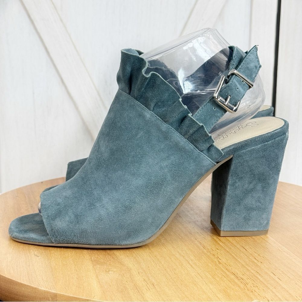 Seychelles by Anthropologie Sightseeing Suede Slingback Peep Toe‎ Heels Teal 9